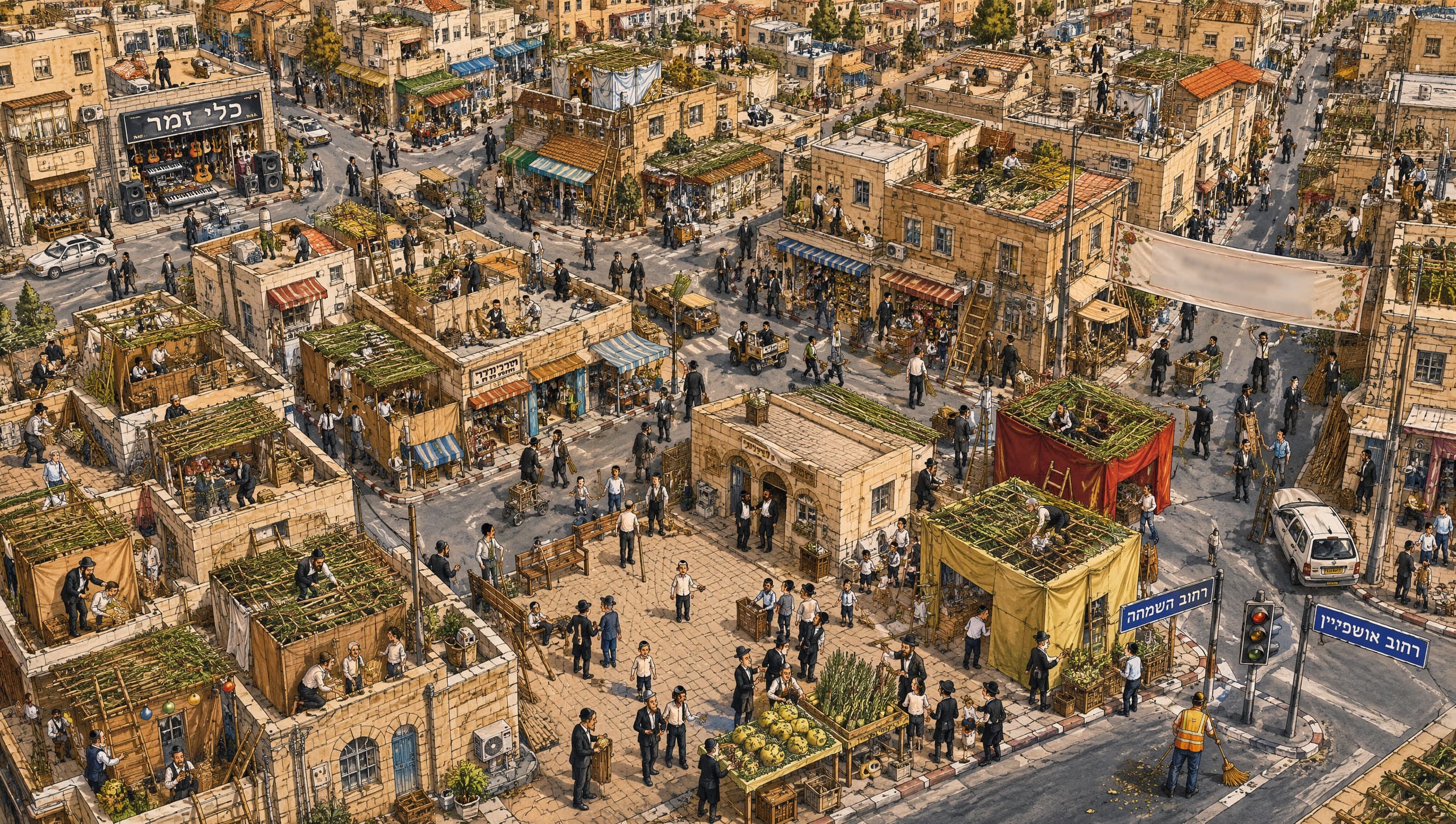 מבט מלמעלה על שכונה שלמה בערב סוכות, מלאה בסוכות שנבנות
