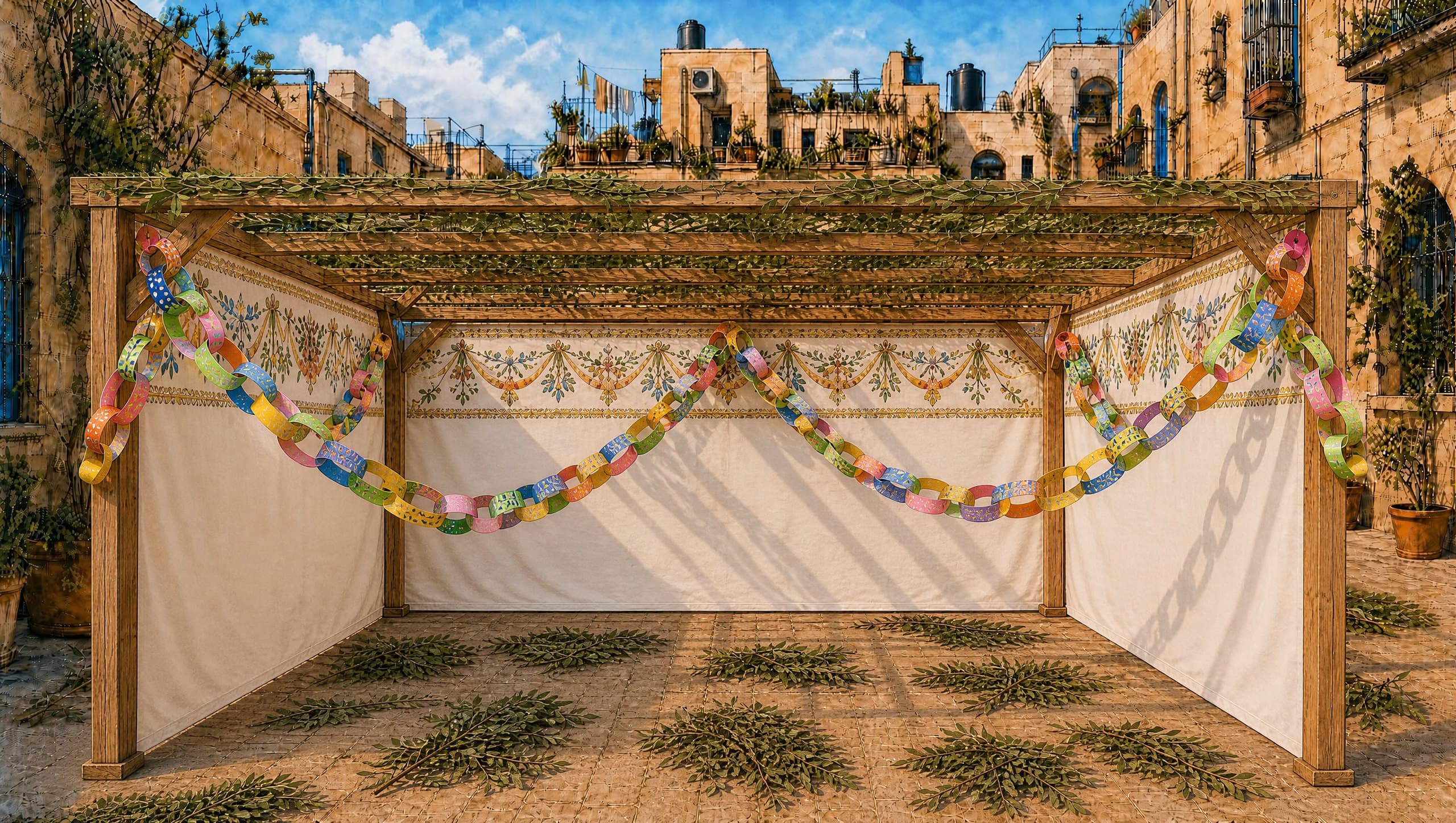 סוכה מוכנה בחצר ירושלמית, עם סכך ושרשראות נייר צבעוניות