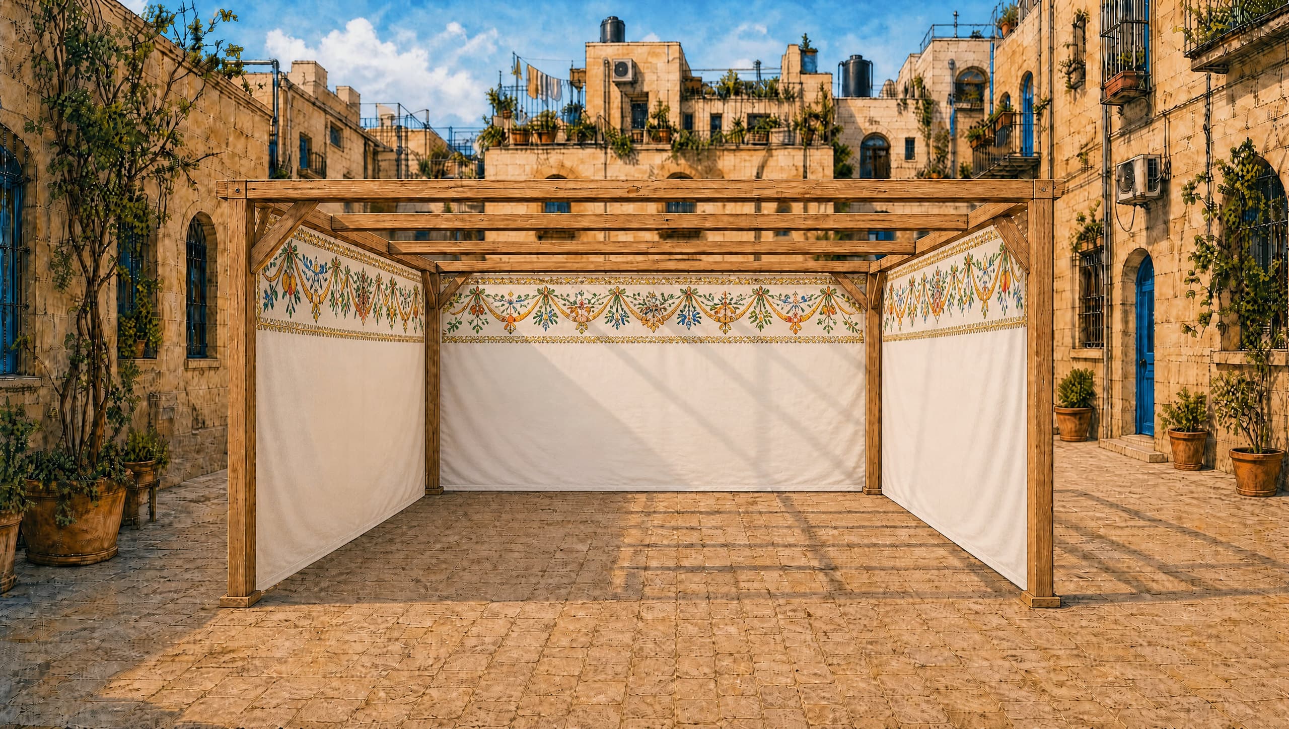 הסוכה עם הסדינים המעוטרים תלויים