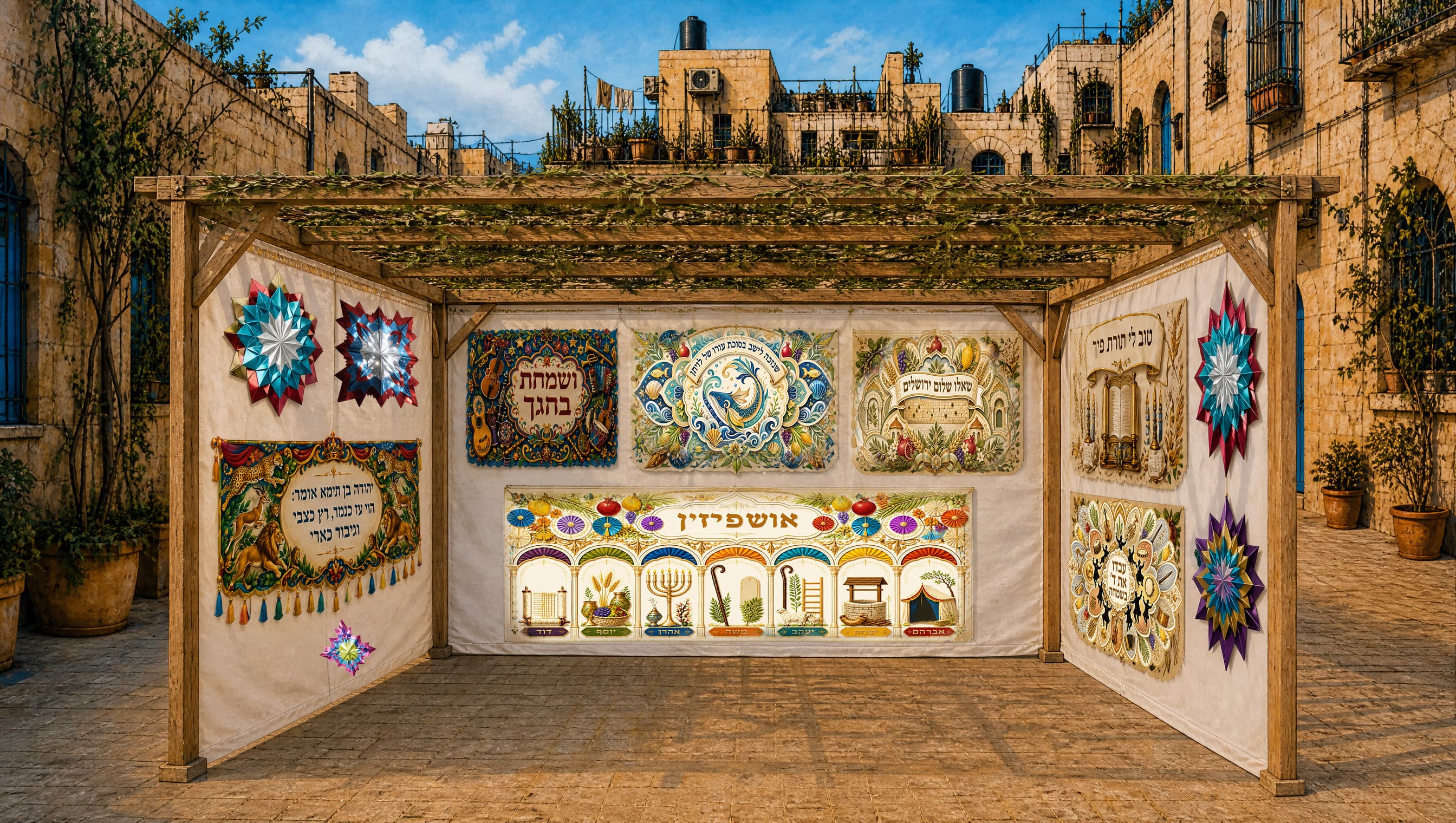 הסוכה המקושטת — לוח אושפיזין, ״ושמחת בחגך״ ורוזטות נייר על הדפנות